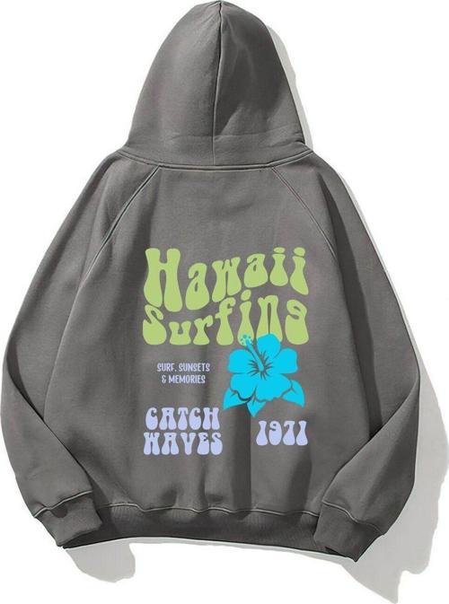 Kapüşonlu Içi Polar Hawaii Baskılı Füme Unisex Oversize Hoodie Sweatshirt