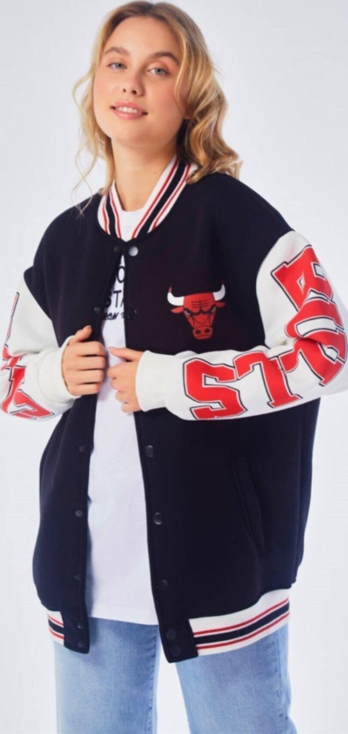Unisex Siyah Chicago 23 Oversize Kolej Ceket