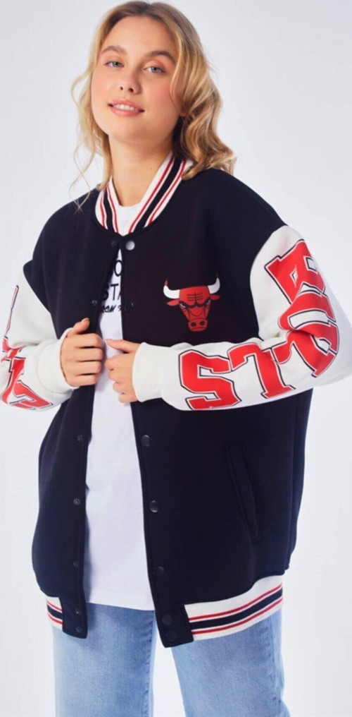 Unisex Siyah Chicago 23 Oversize Kolej Ceket