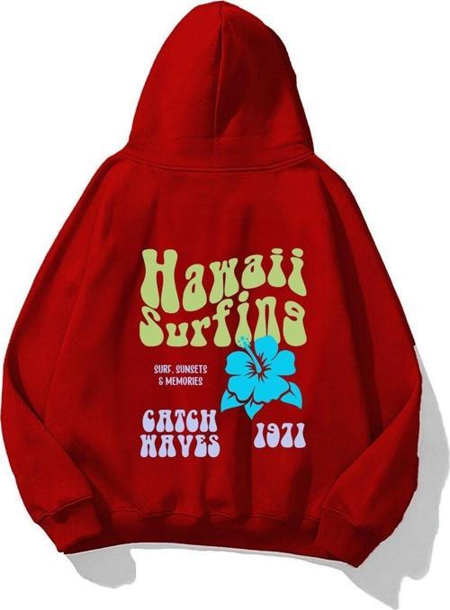 Kapüşonlu Içi Polar Hawaii Baskılı Kırmızı Unisex Oversize Hoodie Sweatshirt