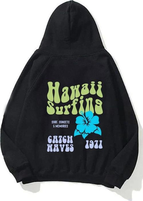 Kapüşonlu Içi Polar Hawaii Baskılı Siyah Unisex Oversize Hoodie Sweatshirt
