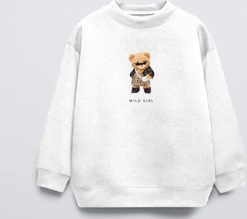 Beyaz Bisiklet Yaka Gözlüklü Ayıcık Baskılı Oversize Çocuk Sweatshirt