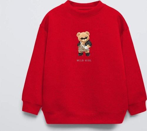 Kırmızı Bisiklet Yaka Gözlüklü Ayıcık Baskılı Oversize Çocuk Sweatshirt