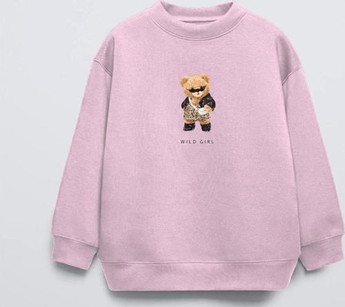 Pembe Bisiklet Yaka Gözlüklü Ayıcık Baskılı Oversize Çocuk Sweatshirt