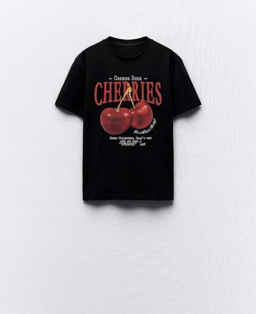 Cherries Yazılı Kiraz Tasarım Baskılı Siyah Kadın T-Shirt