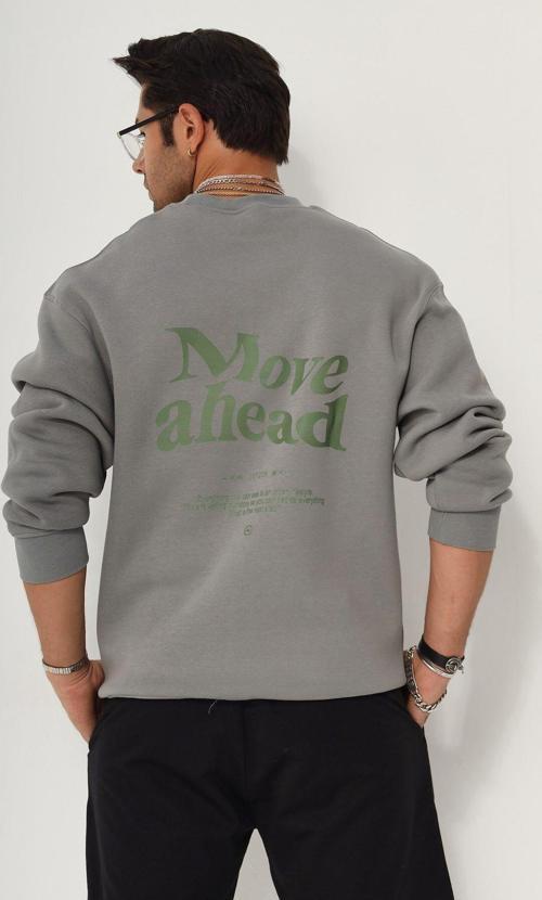 Bisiklet Yaka Içi Polar Move Ahead Yazı Baskılı Füme Oversize Hoodie Sweatshirt