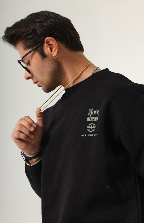 Bisiklet Yaka Içi Polar Move Ahead Yazı Baskılı Siyah Oversize Hoodie Sweatshirt