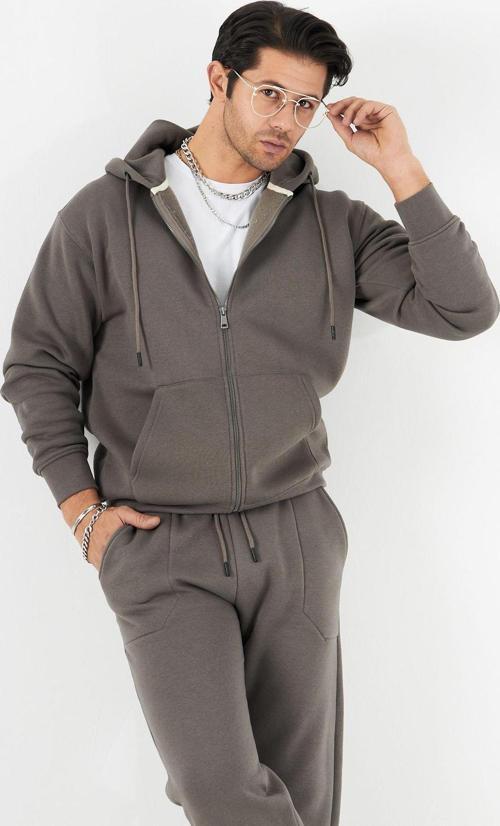 Kanguru Cep Detaylı Kapüşonlu Fermuar Kapamalı Bağcık Bağlamalı 3 İplik Şardonlu Sweatshirt