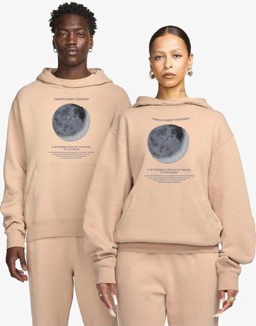 Kapüşonlu Içi Polar Moon Baskılı Bej Unisex Hoodie Sweatshirt