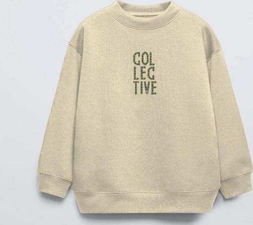 Bej Bisiklet Yaka Collective Yazılı Arka Fly Kn It Yazılı Oversize Çocuk Sweatshirt