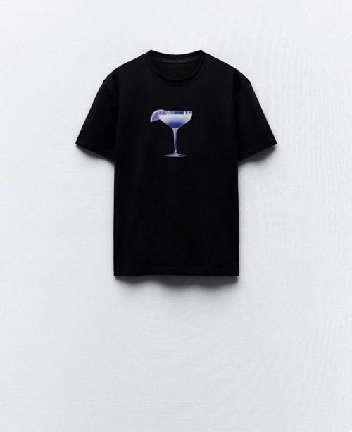 Kokteyl Kadeh Tasarım Baskılı Siyah Kadın T-Shirt