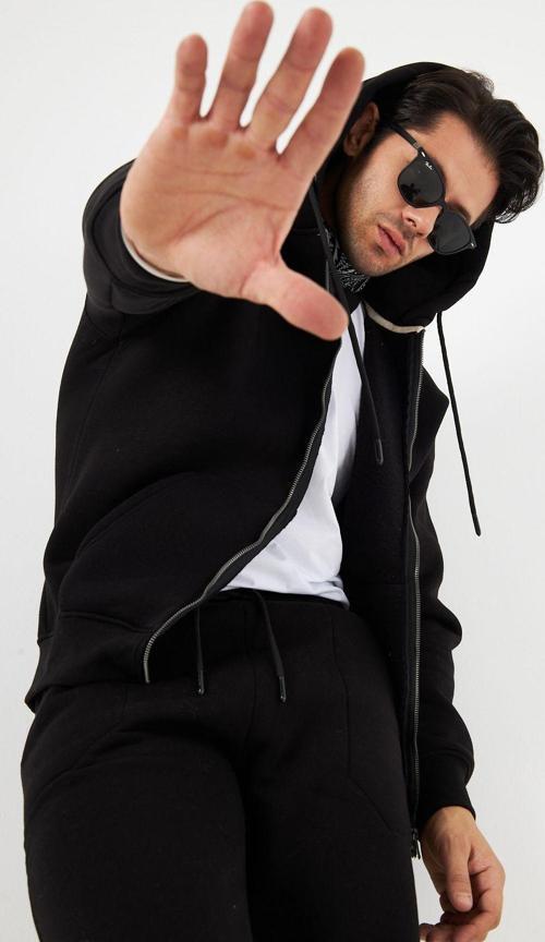 Kanguru Cep Detaylı Kapüşonlu Fermuar Kapamalı Bağcık Bağlamalı 3 İplik Şardonlu Sweatshirt
