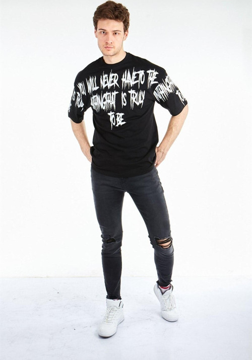 Unisex Siyah Baskılı Oversize Unisex Streetweart-Shirt