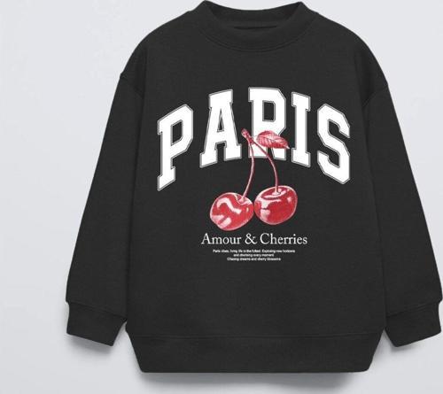 Siyah Bisiklet Yaka Paris Yazılı Cherries Baskılı Oversize Çocuk Sweatshirt