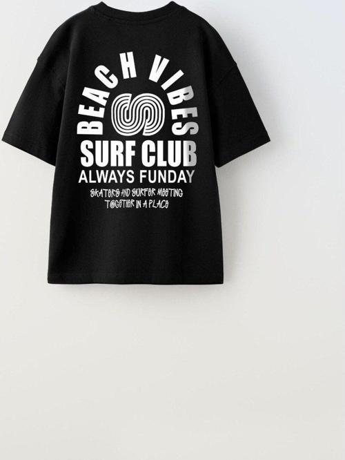 Beach Vıbes Surf Club Yazılı Ters S Tasarım Baskılı Siyah Unisex Çocuk T-Shirt