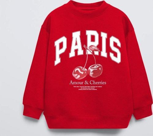 Kırmızı Bisiklet Yaka Paris Yazılı Cherries Baskılı Oversize Çocuk Sweatshirt