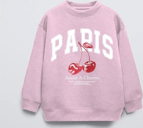 Pembe Bisiklet Yaka Paris Yazılı Cherries Baskılı Oversize Çocuk Sweatshirt