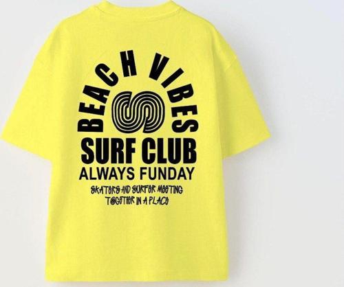 Beach Vıbes Surf Club Yazılı Ters S Tasarım Baskılı Sarı Unisex Çocuk T-Shirt