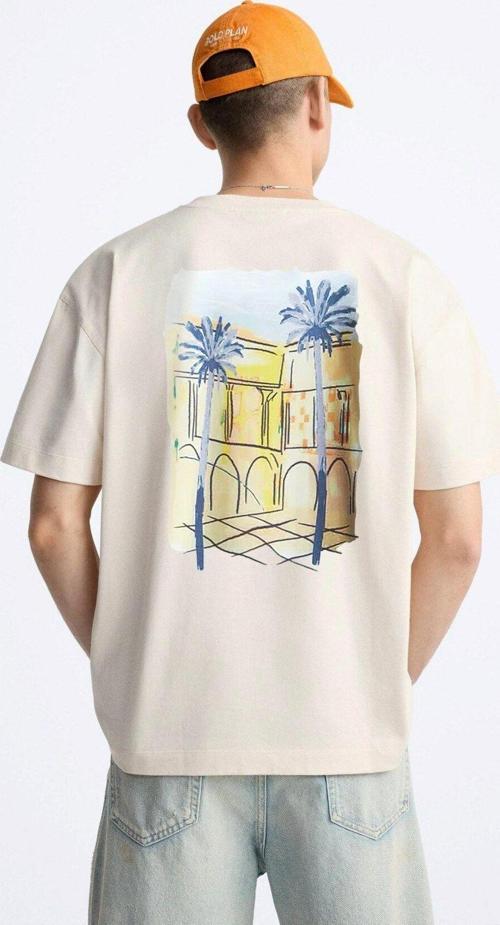 Bisiklet Yaka Palmiye Baskılı Oversize Bej Erkek T-Shirt