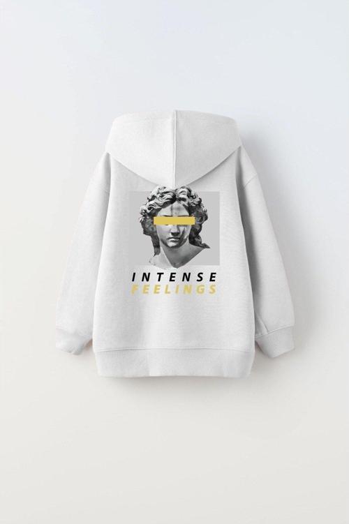 Kapüşonlu Içi Polar Intense Feelings Baskılı Beyaz Unisex Çocuk Hoodie Sweatshirt