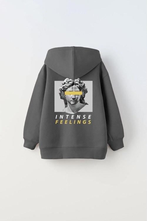 Kapüşonlu Içi Polar Intense Feelings Baskılı Füme Unisex Çocuk Hoodie Sweatshirt