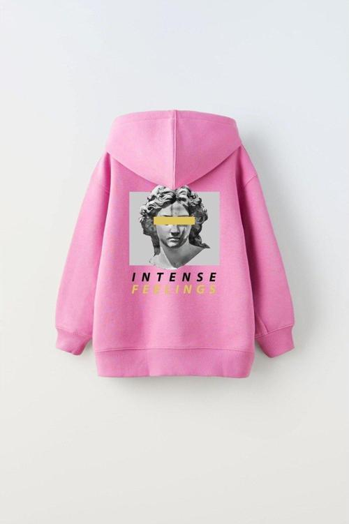 Kapüşonlu Içi Polar Intense Feelings Baskılı Pembe Unisex Çocuk Hoodie Sweatshirt
