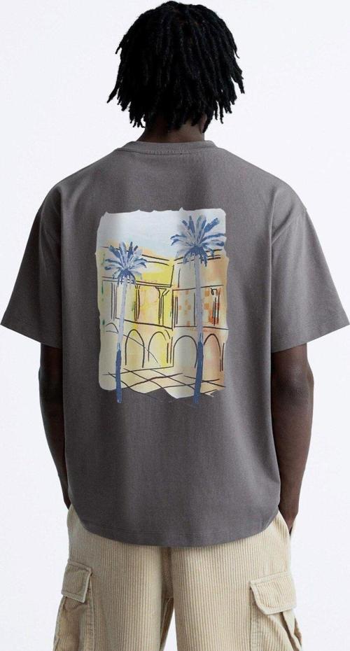 Bisiklet Yaka Palmiye Baskılı Oversize Füme Erkek T-Shirt