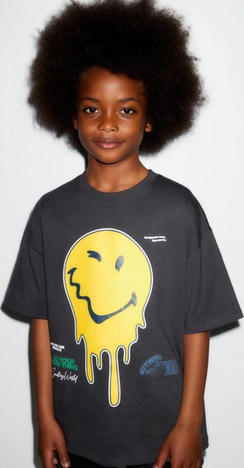 Stay Positive Yazılı Gülen Yüz Tasarım Baskılı Gri Çocuk T-Shirt