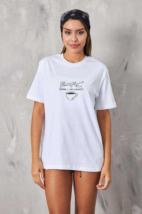 E=Mc2 Coffee Milk Energy Kahve Tasarım Baskılı Beyaz Kadın T-Shirt