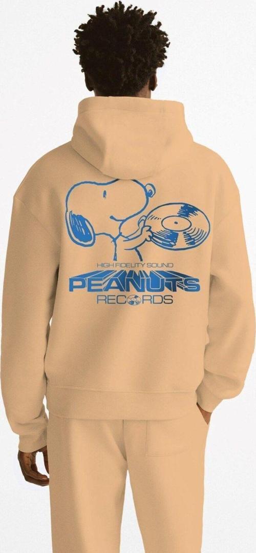Kapüşonlu Içi Polar Peanuts Yazılı Snoopy Desen Baskılı Bej Oversize Hoodie Sweatshirt