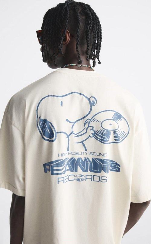 Bisiklet Yaka Peanuts Records Baskılı Oversize Beyaz Erkek T-Shirt