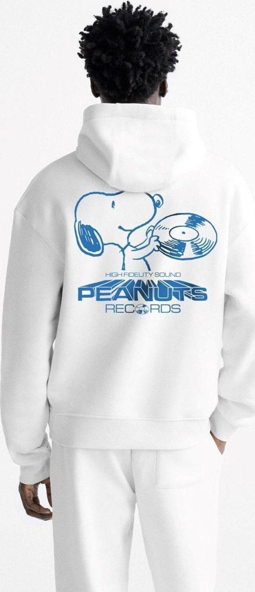 Kapüşonlu Içi Polar Peanuts Yazılı Snoopy Desen Baskılı Beyaz Oversize Hoodie Sweatshirt