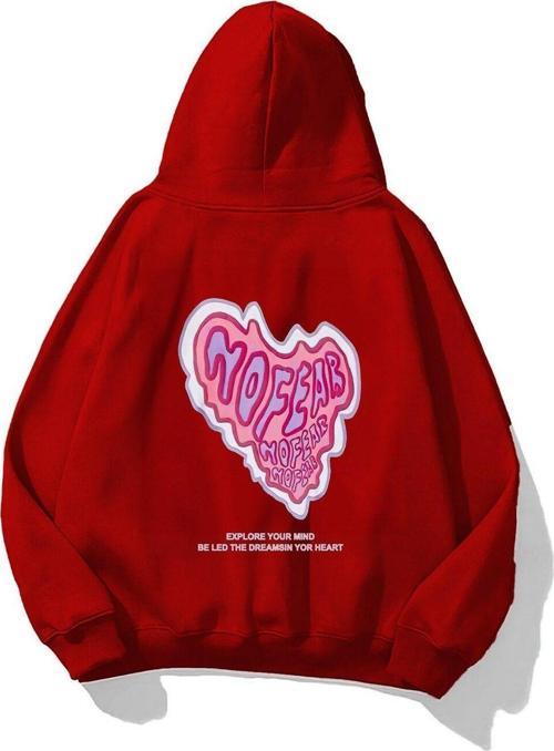 Kapüşonlu Içi Polar No Fear Baskılı Kırmızı Unisex Oversize Hoodie Sweatshirt