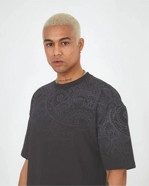 Unisex Oversize Şal Desen Baskılı 2 Iplik - Pamuk Tişört