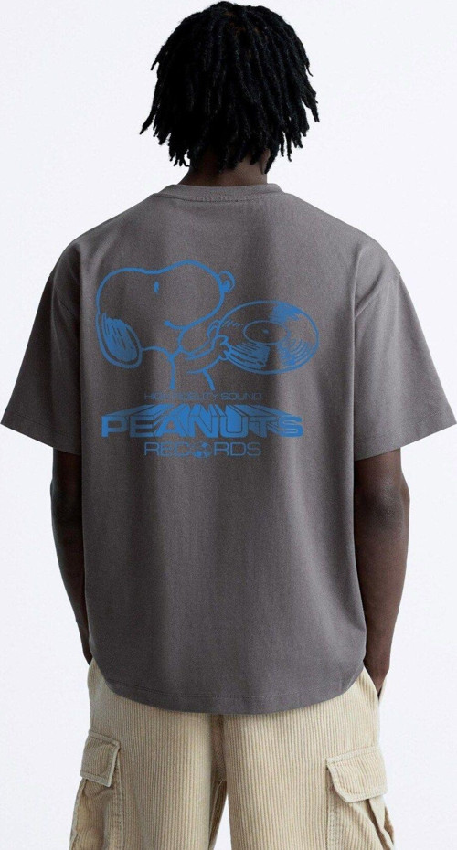 Bisiklet Yaka Peanuts Records Baskılı Oversize Füme Erkek T-Shirt