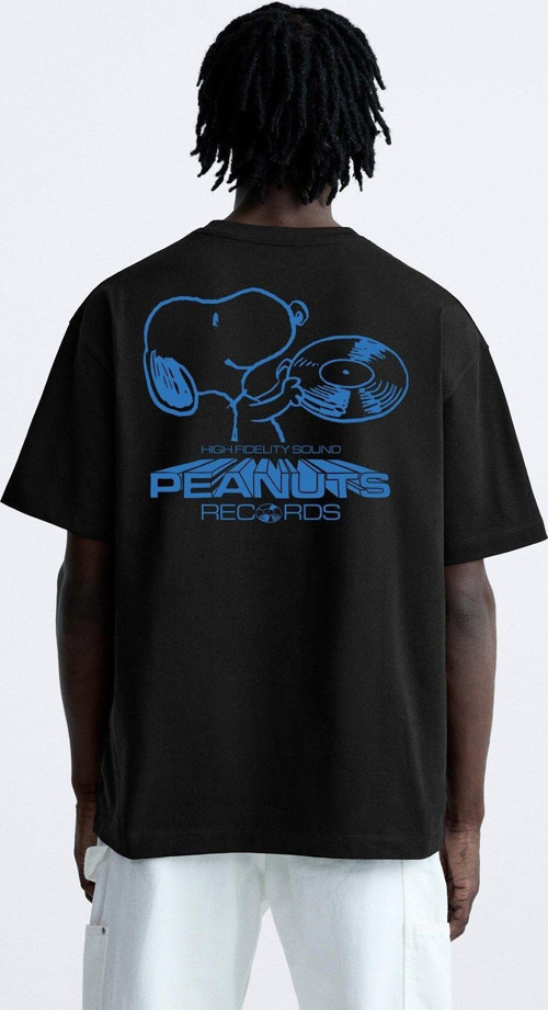 Bisiklet Yaka Peanuts Records Baskılı Oversize Siyah Erkek T-Shirt