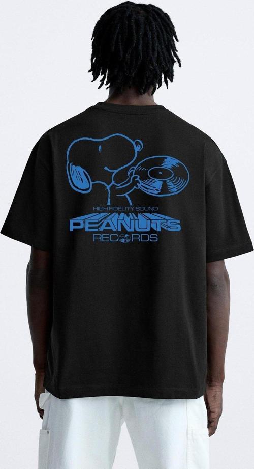 Bisiklet Yaka Peanuts Records Baskılı Oversize Siyah Erkek T-Shirt