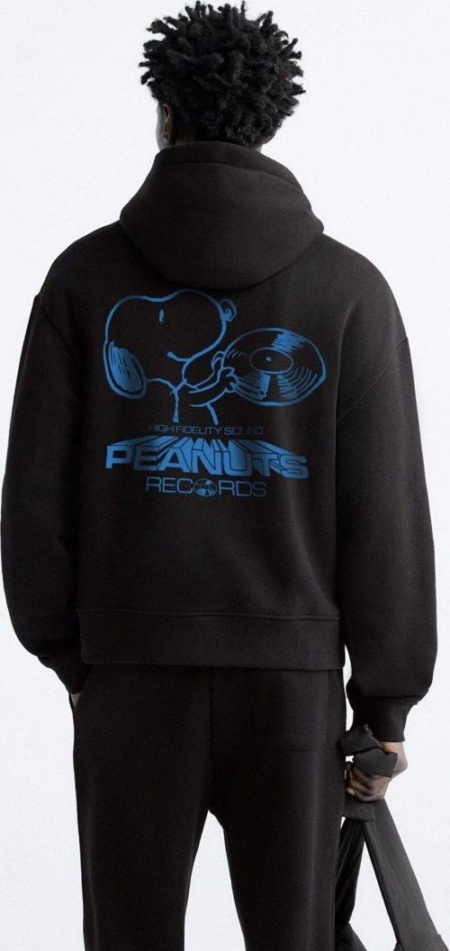 Kapüşonlu Içi Polar Peanuts Yazılı Snoopy Desen Baskılı Siyah Oversize Hoodie Sweatshirt