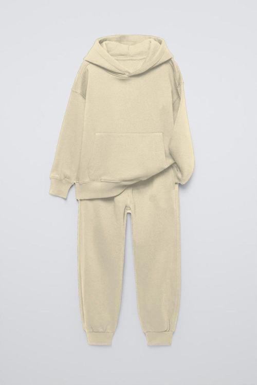 Bej Basic Kapüşonlu Kanguru Cepli Bel Ve Paça Lastikli Çocuk Oversize Sweatshirt