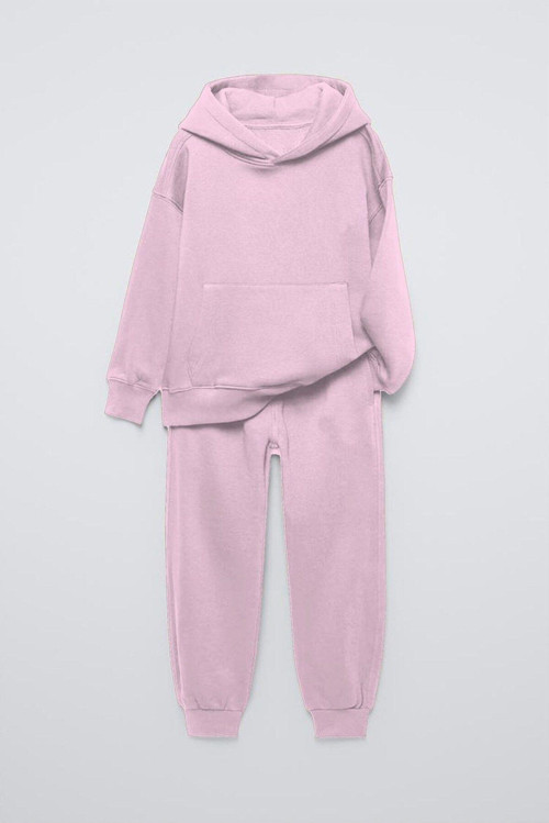Pembe Basic Kapüşonlu Kanguru Cepli Bel Ve Paça Lastikli Çocuk Oversize Sweatshirt
