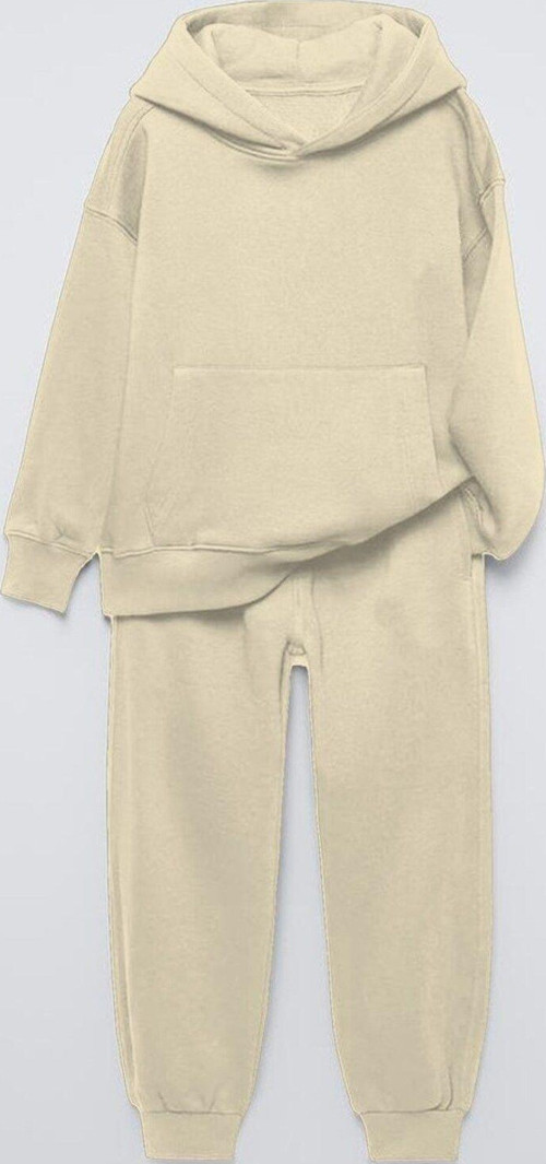 Bej Basic Kapüşonlu Kanguru Cepli Bel Ve Paça Lastikli Çocuk Oversize Sweatshirt