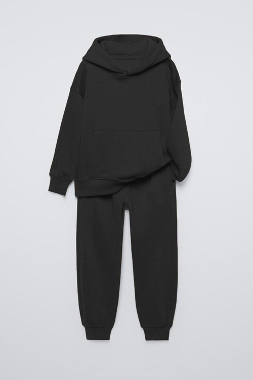 Siyah Basic Kapüşonlu Kanguru Cepli Bel Ve Paça Lastikli Çocuk Oversize Sweatshirt