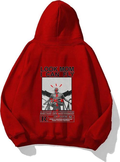 Kapüşonlu Içi Polar Look Mom I Can Fly Baskılı Unisex Kırmızı Oversize Hoodie Sweatshirt