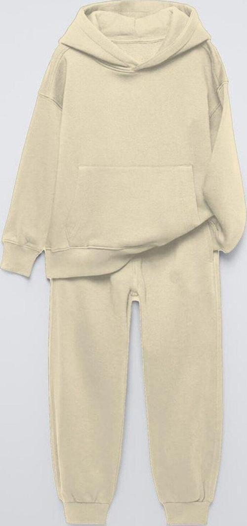 Bej Basic Kapüşonlu Kanguru Cepli Bel Ve Paça Lastikli Çocuk Oversize Sweatshirt