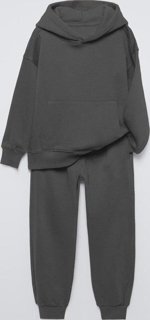 Füme Basic Kapüşonlu Kanguru Cepli Bel Ve Paça Lastikli Çocuk Oversize Sweatshirt