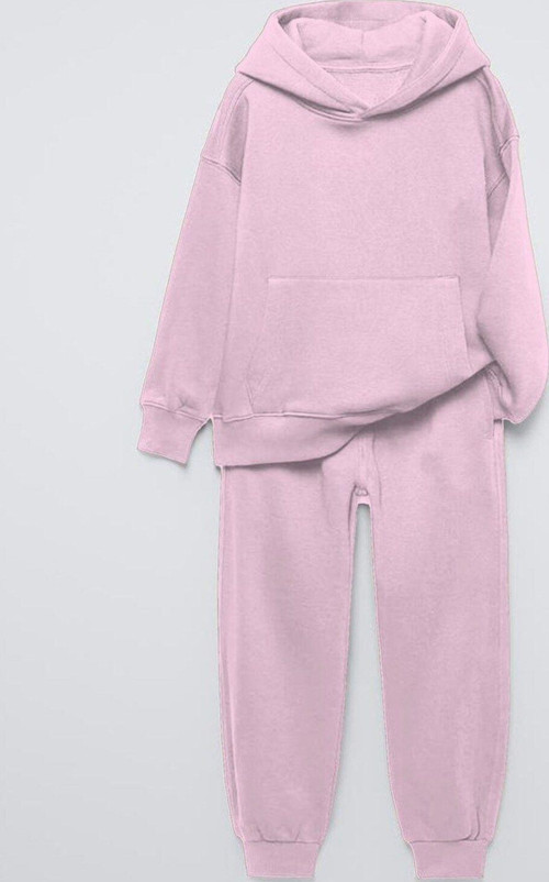 Pembe Basic Kapüşonlu Kanguru Cepli Bel Ve Paça Lastikli Çocuk Oversize Sweatshirt
