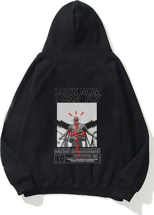 Kapüşonlu Içi Polar Look Mom I Can Fly Baskılı Unisex Siyah Oversize Hoodie Sweatshirt
