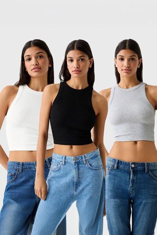 Halter Yaka Crop Seti - 3'Lü (Beyaz, Siyah, Gri)