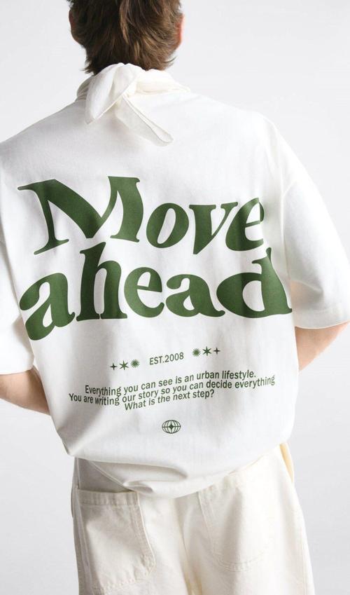 Beyaz Move Ahead Baskılı Bisiklet Yaka Oversize Erkek T-Shirt