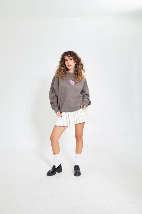 Füme Bisiklet Yaka Kadın No Fear Ön Ve Baskılı Oversize Sweatshirt